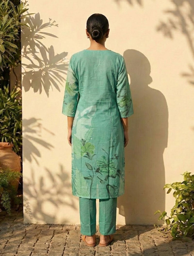 trueBrowns Teal Floral Print Straight Kurta Pant Dupatta Set - Image 2